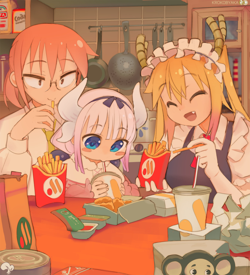 3girls :d beads blonde_hair blue_dress blue_eyes breasts brown_eyes cheburashka closed_mouth commentary cup derivative_work dragon_girl dragon_horns dress dress_shirt english_commentary fang food french_fries glasses gloves hair_beads hair_ornament highres holding holding_food horns indoors kanna_kamui kobayashi-san_chi_no_maidragon kobayashi_(maidragon) krokobyaka large_breasts long_hair long_sleeves maid_headdress multiple_girls necktie open_mouth pinafore_dress purple_hair red_hair red_necktie shirt short_hair sleeveless sleeveless_dress smile tohru_(maidragon) twintails vkusno_i_tochka white_gloves white_shirt yellow_necktie yoru_mac