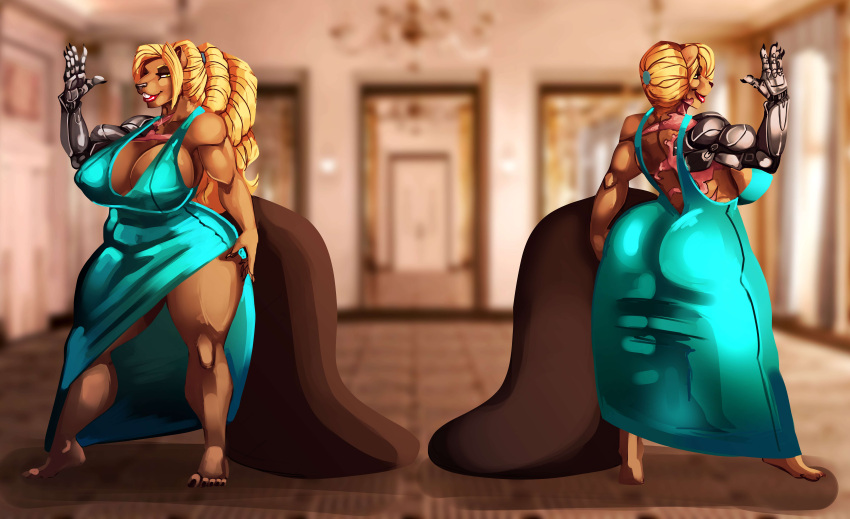 absurd_res anthro beaver beaver_tail big_breasts big_butt blonde_hair breasts broken_creation brown_body brown_fur butt female fur hair hi_res huge_butt lips long_nails looking_at_viewer mammal mechanical_arm model_sheet ponytail red_lips rodent scrunchie solo wide_hips