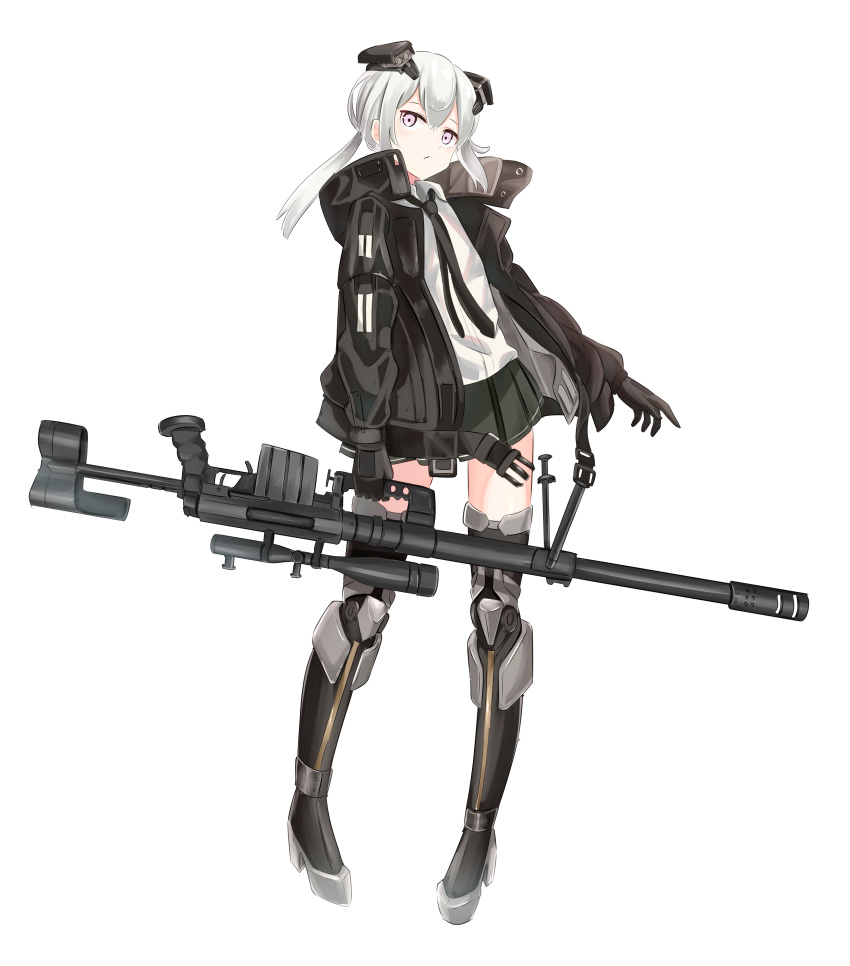 absurdres alternate_costume black_gloves black_jacket black_necktie bolt_action cheytac_m200 girls'_frontline gloves gun highres jacket m200_(girls'_frontline) miniskirt mutugorou_u necktie rifle sangvis_ferri skirt sniper_rifle weapon