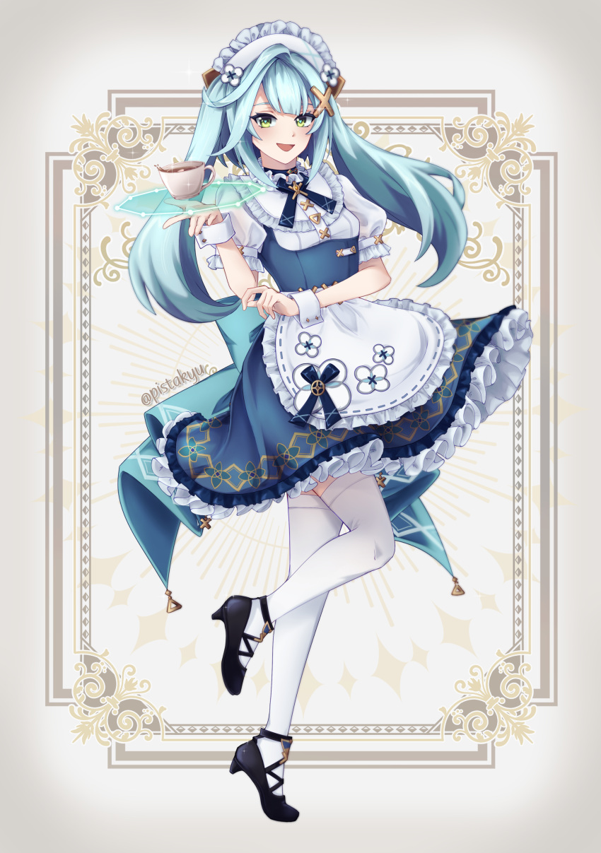 1girl absurdres alternate_costume apron aqua_hair artist_name black_footwear blue_choker blue_dress blue_ribbon choker commentary cup dress enmaided faruzan_(cafe)_(genshin_impact) faruzan_(genshin_impact) frills full_body genshin_impact green_eyes hair_ornament hand_up highres knee_up long_hair looking_at_viewer maid maid_apron maid_headdress mary_janes official_alternate_costume open_mouth pisskun puffy_short_sleeves puffy_sleeves ribbon shoes short_sleeves smile solo teacup thighhighs triangle-shaped_pupils twintails white_thighhighs white_wrist_cuffs wrist_cuffs x_hair_ornament zettai_ryouiki
