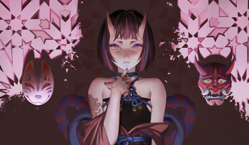 1girl arm_tattoo black_hair black_shirt blue_hair blue_nails blue_rope blunt_bangs bob_cut breasts commentary fingernails fox_mask highres horns japanese_clothes jewelry kimono mask mask_removed mole mole_under_eye multicolored_hair nail_polish oni oni_horns oni_mask original parted_lips purple_eyes red_kimono ring rope shimenawa shirt short_hair sideboob skin-covered_horns sleeveless sleeveless_shirt small_breasts solo star_(symbol) star_in_eye streaked_hair symbol-only_commentary symbol_in_eye tattoo teeth upper_body wowmoto2