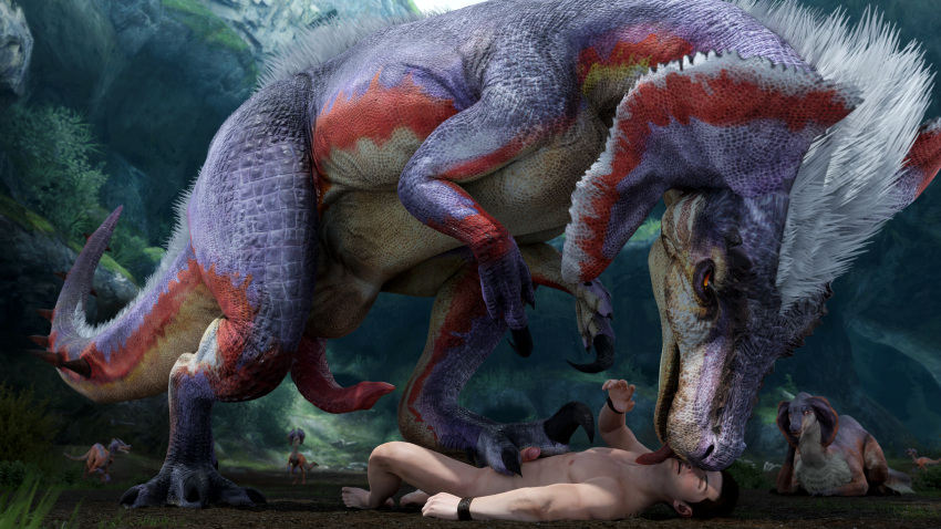 16:9 2023 3d_(artwork) 4k absurd_res animal_genitalia animal_penis back_tuft bird_wyvern capcom cave claws detailed_background digital_media_(artwork) dinosaur dominant duo_focus erection eyes_closed face_lick female feral foot_fetish foot_on_crotch foot_on_penis foot_play footjob frill_(anatomy) fur genitals grass group hair half-closed_eyes head_crest head_frill head_tuft hi_res human humanoid_genitalia humanoid_penis ivorylagiacrus jaggi larger_feral larger_male licking looking_at_another looking_down lying male male/male mammal membrane_(anatomy) membranous_frill monster_hunter multicolored_body multicolored_scales narrowed_eyes neck_lick nude on_back on_ground open_mouth outside penis pinned pinned_to_ground plant pubic_boot pupils purple_body purple_scales red_body red_eyes red_scales reptile scales scalie sex sharp_claws size_difference slit_pupils smaller_human smaller_male spiked_tail spikes spikes_(anatomy) stepped_on tail theropod tongue tongue_out tuft white_body white_fur white_hair white_scales widescreen wrinkles wristband