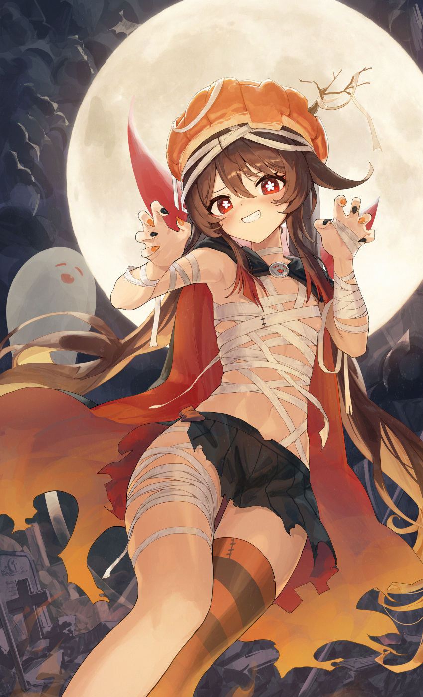 1girl absurdres alternate_costume bandage_on_thigh bandages black_nails black_skirt blush boo_tao_(genshin_impact) breasts bright_pupils brown_hair cape claw_pose feet_out_of_frame flower-shaped_pupils full_moon genshin_impact grin halloween highres hu_tao_(genshin_impact) long_hair looking_at_viewer moon multicolored_nails naked_bandage navel night night_sky orange_eyes orange_headwear orange_nails pellas_(panix2383) pumpkin_hat single_thighhigh skirt sky small_breasts smile solo striped striped_thighhighs symbol-shaped_pupils thighhighs tombstone torn_clothes torn_skirt twintails white_pupils
