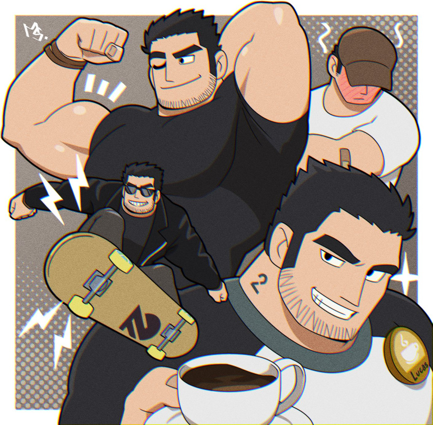 1boy bandaid bandaid_on_arm bara baseball_cap biceps black_jacket black_shirt blush closed_mouth cup facial_hair flexing hat highres holding holding_plate jacket large_pectorals lucas_lee male_focus multiple_views muscular muscular_male musou_luf one_eye_closed open_clothes open_jacket pectorals plate scott_pilgrim_(series) scott_pilgrim_takes_off shirt skateboard skateboarding smile sunglasses teeth two-tone_shirt white_shirt