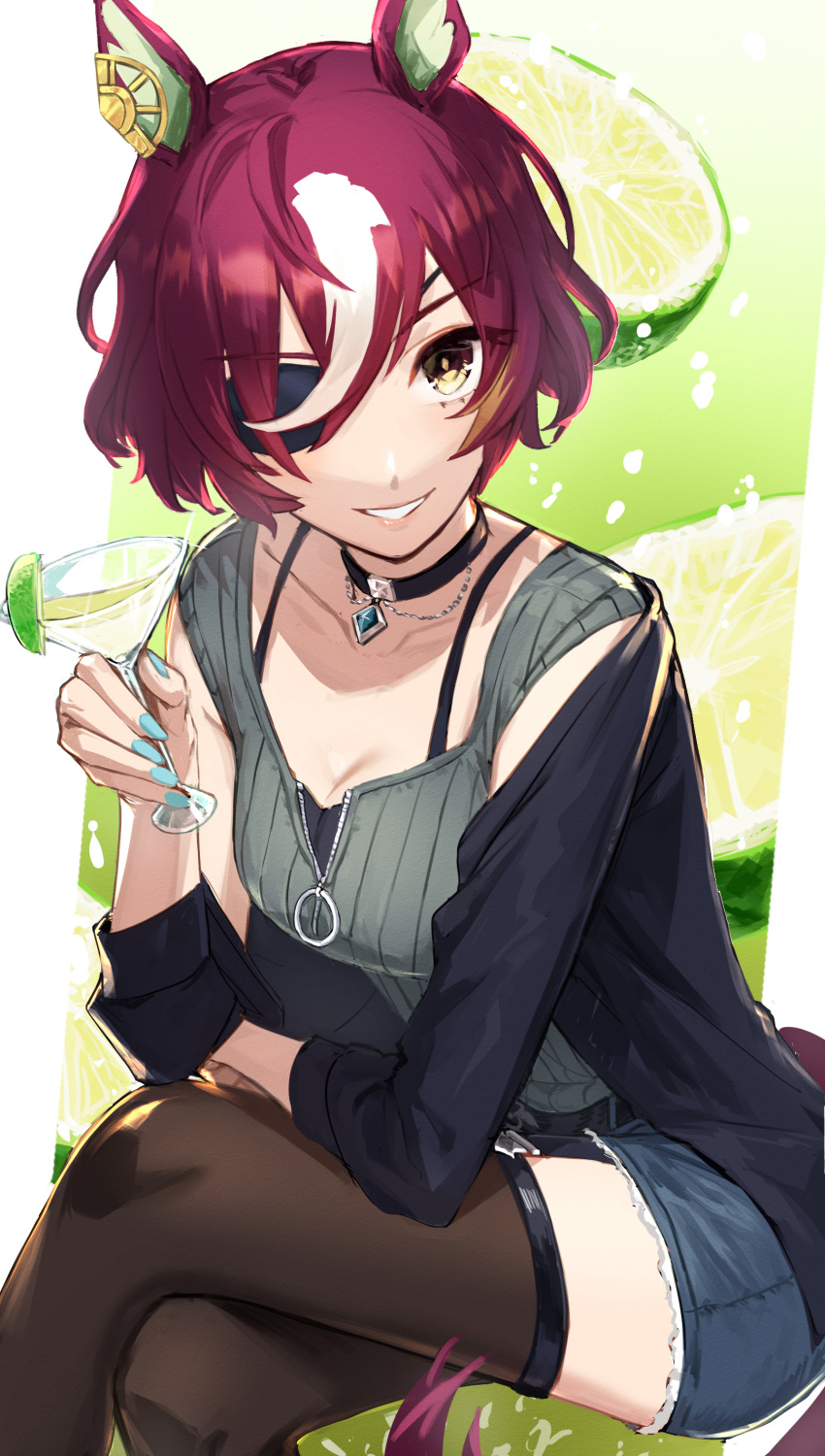 1girl absurdres animal_ears black_jacket black_thighhighs blue_shorts breasts choker cleavage cocktail_glass crossed_legs cup cutoffs drinking_glass eyepatch food fruit grin highres holding holding_cup horse_ears horse_girl horse_tail jacket lime_(fruit) lime_slice long_sleeves looking_at_viewer multicolored_hair open_clothes open_jacket pendant_choker purple_hair shirt short_hair short_shorts shorts sitting sleeveless sleeveless_shirt small_breasts smile streaked_hair tail tanino_gimlet_(umamusume) thighhighs umamusume umeumeduka yellow_eyes