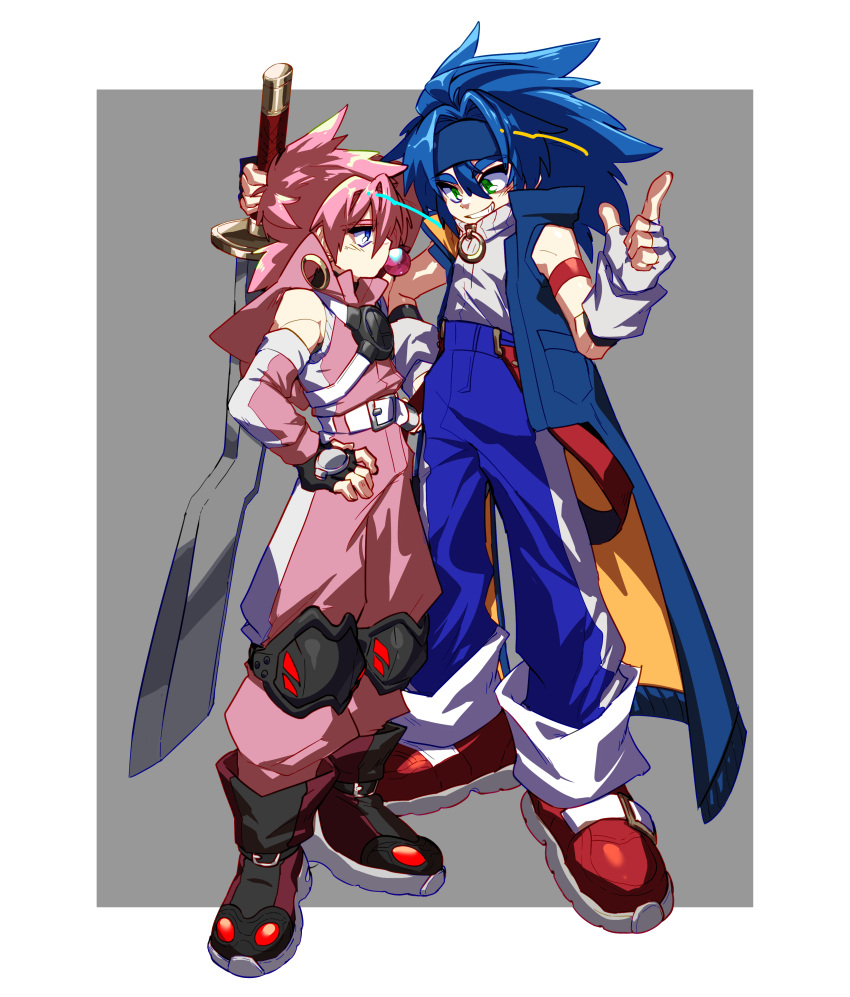 2boys absurdres arm_behind_head belt black_footwear black_gloves blue_coat blue_eyes blue_hair blue_pants bodysuit boots bubble_blowing chewing_gum coat detached_sleeves fingerless_gloves from_side full_body gloves green_eyes hand_on_own_hip headband highres holding holding_sword holding_weapon kamota_(momokomati) kirby kirby_(series) knee_pads low_ponytail multiple_boys pants personification pink_bodysuit pink_hair pointing red_footwear single_vertical_stripe sleeveless sleeveless_coat sleeveless_jumpsuit sleeveless_turtleneck smile sonic_(series) sonic_the_hedgehog spiked_hair super_smash_bros. sword thick_eyebrows turtleneck weapon white_gloves