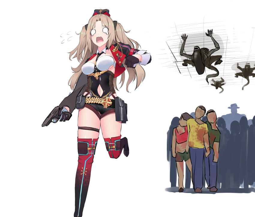 1girl 6+others absurdres alien_(movie) belt belt_pouch between_breasts black_gloves black_necktie black_thighhighs blood blood_on_clothes boots breasts chasing clothing_cutout commentary_request cross crossover crowd fleeing flying_sweatdrops girls'_frontline gloves gradient_legwear gun h&amp;k_vp70 handgun hat headwear_request highres holding holding_gun holding_weapon iron_cross large_breasts long_hair mr._x_(resident_evil) multiple_crossover multiple_others navel necktie necktie_between_breasts o_o on_ceiling open_mouth pouch red_thighhighs resident_evil running scared sidelocks silhouette simple_background stomach_cutout tearing_up thigh_strap thighhighs two_side_up vp70_(girls'_frontline) weapon weapon_connection white_background xenomorph yanagui zombie