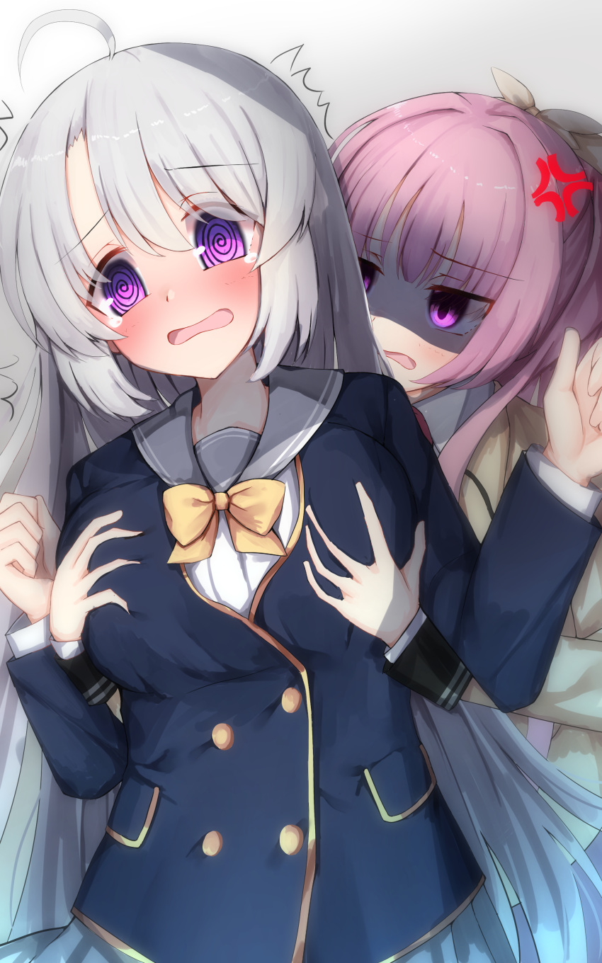 2girls @_@ ^^^ absurdres ahoge anger_vein angry ayachi_nene black_jacket blunt_bangs blush bow breast_envy breasts commentary commission company_connection cowboy_shot crossover embarrassed eyelashes eyes_visible_through_hair grabbing grabbing_another's_breast grabbing_from_behind grey_hair grey_sailor_collar hair_between_eyes hair_ribbon hands_up highres jacket jitome large_breasts long_hair long_sleeves looking_at_another looking_down mitsukasa_ayase multiple_girls nodoameyatou nose_blush open_mouth pink_hair purple_eyes ribbon riddle_joker sailor_collar sanoba_witch school_uniform shaded_face simple_background standing straight_hair tanezaki_atsumi tears very_long_hair voice_actor_connection w_arms wavy_hair white_background yellow_bow yellow_jacket yellow_ribbon yuzu-soft
