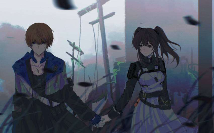 1boy 1girl belt_pouch black_coat blue_coat coat commandant_(punishing:_gray_raven) dog_tags dress grey_coat grey_theme hair_between_eyes highres holding_hands hood hooded_coat lee:_entropy_(punishing:_gray_raven) light_brown_hair long_hair long_sleeves mechanical_parts multicolored_clothes pouch punishing:_gray_raven red_eyes red_hair scar scar_on_cheek scar_on_face sidelocks twintails white_dress wind wwca3445