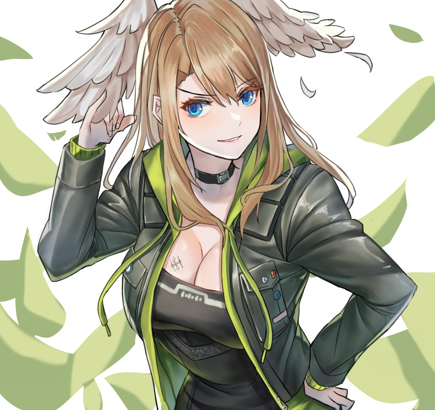 1girl absurdres asymmetrical_bangs black_bodysuit black_choker black_jacket blue_eyes bodysuit breast_tattoo breasts brown_hair choker cleavage eunie_(xenoblade) grabbing_own_wings green_hoodie hair_between_eyes hand_on_own_hip head_wings highres hood hood_down hoodie jacket large_breasts leather leather_jacket long_hair looking_at_viewer mochigana open_clothes open_jacket parted_lips simple_background smile solo tattoo upper_body white_wings wings xenoblade_chronicles_(series) xenoblade_chronicles_3