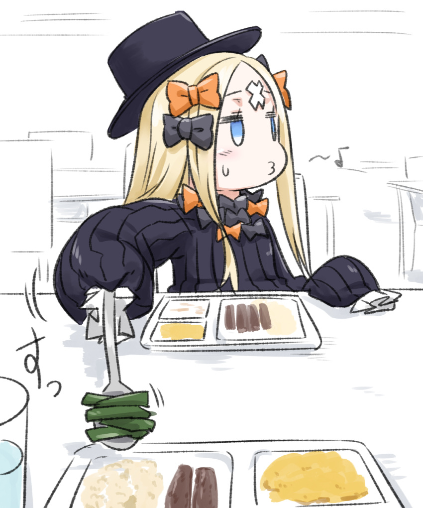 1girl abigail_williams_(fate) bell_pepper black_bow black_dress black_headwear blonde_hair blue_eyes blush bow dress eighth_note fate/grand_order fate_(series) hair_bow highres holding holding_spoon long_hair long_sleeves musical_note neon-tetora orange_bow parted_bangs puckered_lips puffy_long_sleeves puffy_sleeves sleeves_past_fingers sleeves_past_wrists solo spoon sweat tray upper_body very_long_hair