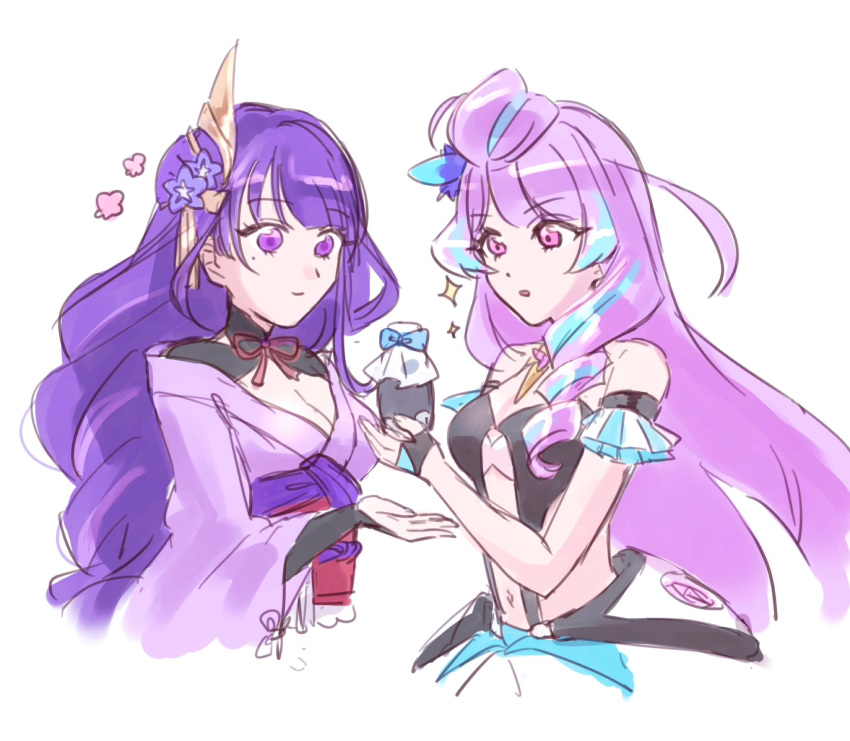 2girls anno_(bambi1103no) arm_strap blue_bow blue_hair blue_skirt bottle bow bra breasts cleavage crossover drill_hair flower genshin_impact hair_bun hair_flower hair_ornament highres holding holding_bottle japanese_clothes kimono long_hair macross macross_delta medium_breasts mikumo_guynemer multicolored_hair multiple_girls navel obi open_mouth pink_flower purple_eyes purple_flower purple_hair purple_kimono raiden_shogun sash simple_background single_hair_bun skirt smile sparkle strapless strapless_bra streaked_hair surprised underwear upper_body very_long_hair white_background white_bra white_skirt