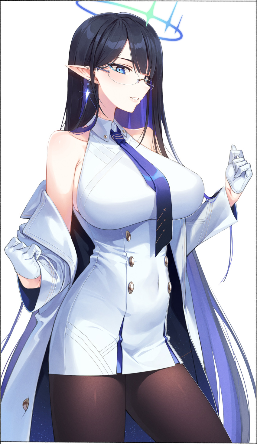1girl absurdres bare_shoulders belt black_hair blue_archive blue_eyes blue_hair blush breasts brown_pantyhose buttons coat collared_dress colored_inner_hair double-breasted dress earrings eyeliner glasses gloves grin halo highres jewelry kei_(soundcross) large_breasts long_hair looking_at_viewer makeup multicolored_hair necktie off_shoulder open_clothes open_coat pantyhose pointy_ears rin_(blue_archive) short_dress smile solo thighs very_long_hair white_coat white_dress white_gloves