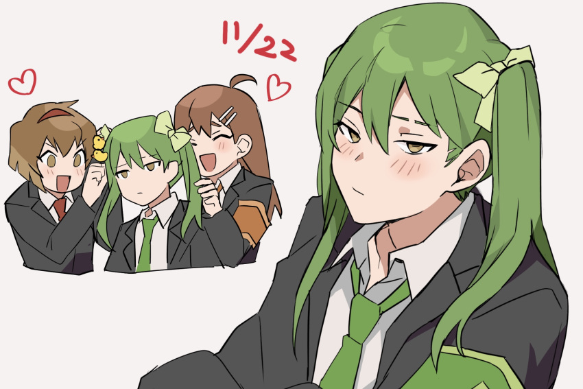 1boy 2girls blush bow brown_eyes brown_hair brown_necktie closed_eyes closed_mouth collared_shirt earrings green_bow green_hair green_necktie hair_bow highres hod_(project_moon) jewelry lobotomy_corporation long_hair malkuth_(project_moon) mu46016419 multiple_girls necktie netzach_(project_moon) open_mouth project_moon red_necktie shirt simple_background smile twintails very_long_hair white_background white_shirt yellow_eyes