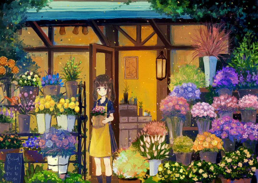 1girl absurdres apron axleaki black_socks blue_dress blue_flower blush brown_eyes brown_hair building closed_mouth commentary dress falling_petals feet_out_of_frame florist flower highres holding hydrangea looking_at_viewer medium_hair orange_flower original outdoors petals pink_flower pleated_dress scenery short_sleeves sign socks solo standing sunflower tree yellow_apron yellow_flower