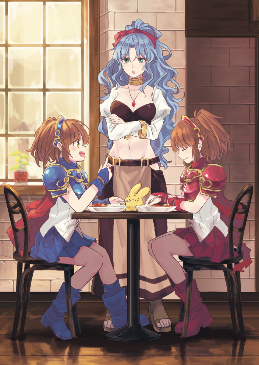 1boy 3girls arle_nadja armor bangs blue_hair blue_skirt boots brown_hair carbuncle_(puyopuyo) chair closed_eyes curry curry_rice doppelganger_arle food green_eyes highres jewelry kuroda_(kuro_yyy) long_hair looking_at_another madou_monogatari multiple_girls ponytail puyopuyo red_skirt rice rulue_(puyopuyo) shoulder_armor sitting skirt table window yellow_eyes