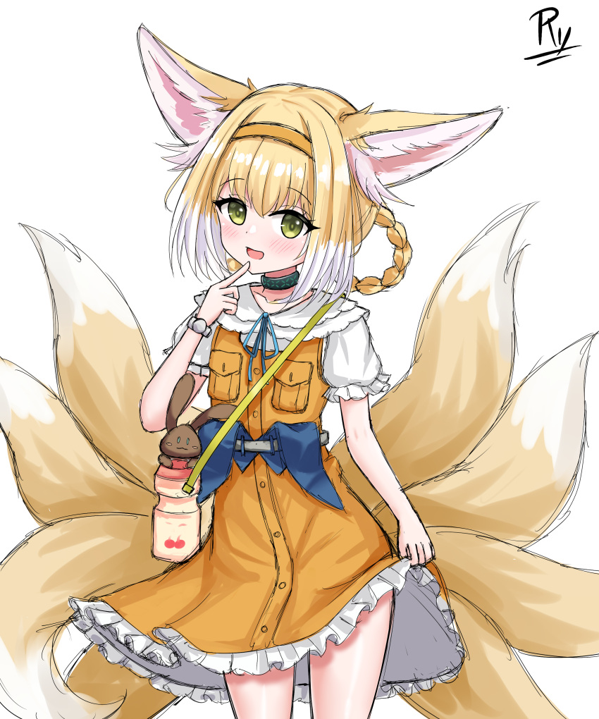 1girl :d absurdres animal_ear_fluff animal_ears arknights blonde_hair blue_ribbon blush collarbone collared_shirt commentary cowboy_shot dress english_commentary finger_to_mouth fox_ears fox_girl fox_tail frilled_dress frills hair_rings hairband hand_up highres kitsune looking_at_viewer multicolored_hair neck_ribbon official_alternate_costume orange_dress orange_hairband puffy_short_sleeves puffy_sleeves ribbon rylaera shirt short_sleeves signature simple_background skirt_hold sleeveless sleeveless_dress smile solo standing suzuran_(arknights) suzuran_(let's_carnival!)_(arknights) tail two-tone_hair white_background white_hair white_shirt