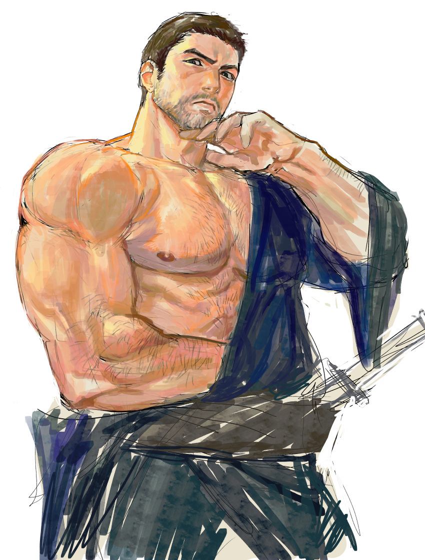 123456dyom 1boy abs absurdres alternate_weapon arm_hair bara bare_pectorals beard_stubble chest_hair chris_redfield hadanugi_dousa hairy highres japanese_clothes kimono large_pectorals looking_at_viewer male_focus mature_male muscular muscular_male mustache_stubble navel_hair nipples pectorals resident_evil resident_evil_6 short_hair sideburns_stubble sketch solo thick_eyebrows weapon