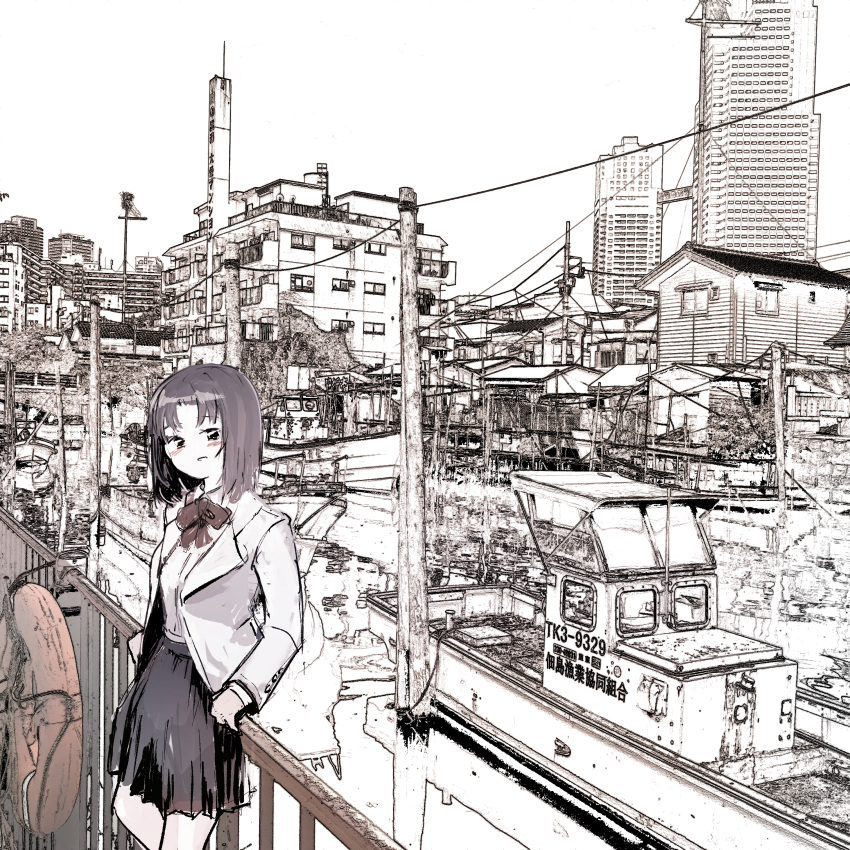 1girl absurdres against_railing blush building city construction_site copyright_request highres jacket monochrome no_nose open_mouth outdoors railing shirt short_hair skirt solo urban utility_pole white_jacket white_shirt zenryoku