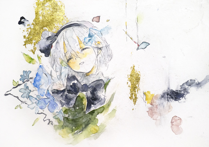 1girl black_hairband black_ribbon blue_flower closed_eyes flower green_vest grey_hair hair_between_eyes hair_ribbon hairband ikeda_ruriko konpaku_youmu open_mouth ribbon shirt short_hair solo touhou traditional_media vest white_shirt