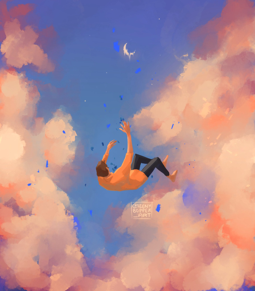 1boy barefoot brown_hair crescent_moon dream_smp dusk falling highres moon orange_shirt shirt solo teenybopper_art wilbur_soot