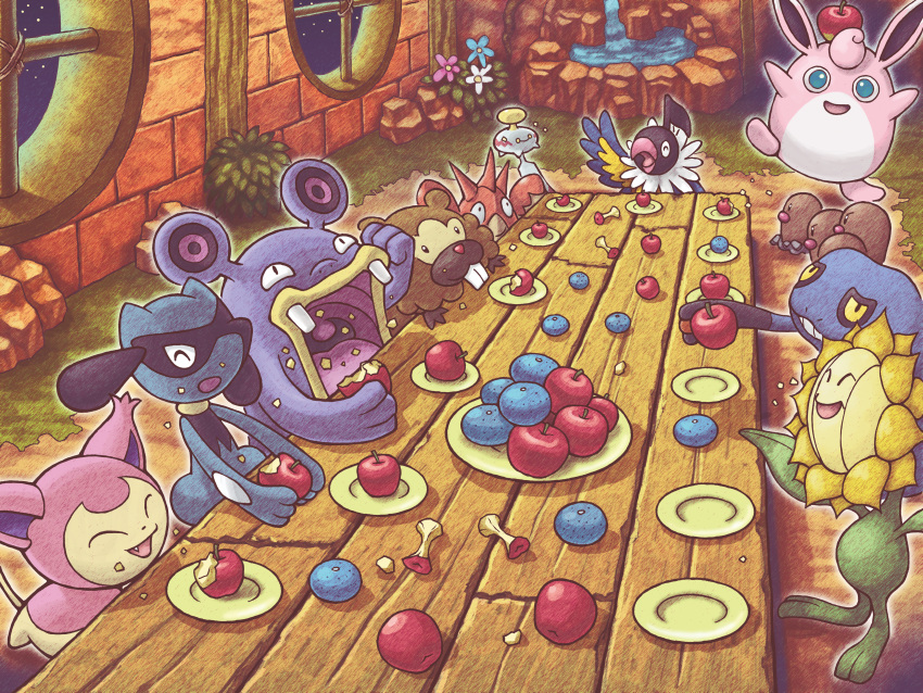 absurdres apple apple_core berry_(pokemon) bidoof bitten_apple blue_flower chatot chimecho closed_eyes corphish croagunk diglett dugtrio eating flower food food_bite fruit fushigi_no_dungeon highres indoors loudred no_humans official_art open_mouth oran_berry plate pokemon pokemon_(creature) pokemon_(game) pokemon_mystery_dungeon purple_flower red_apple riolu rock skitty sunflora table white_flower wigglytuff