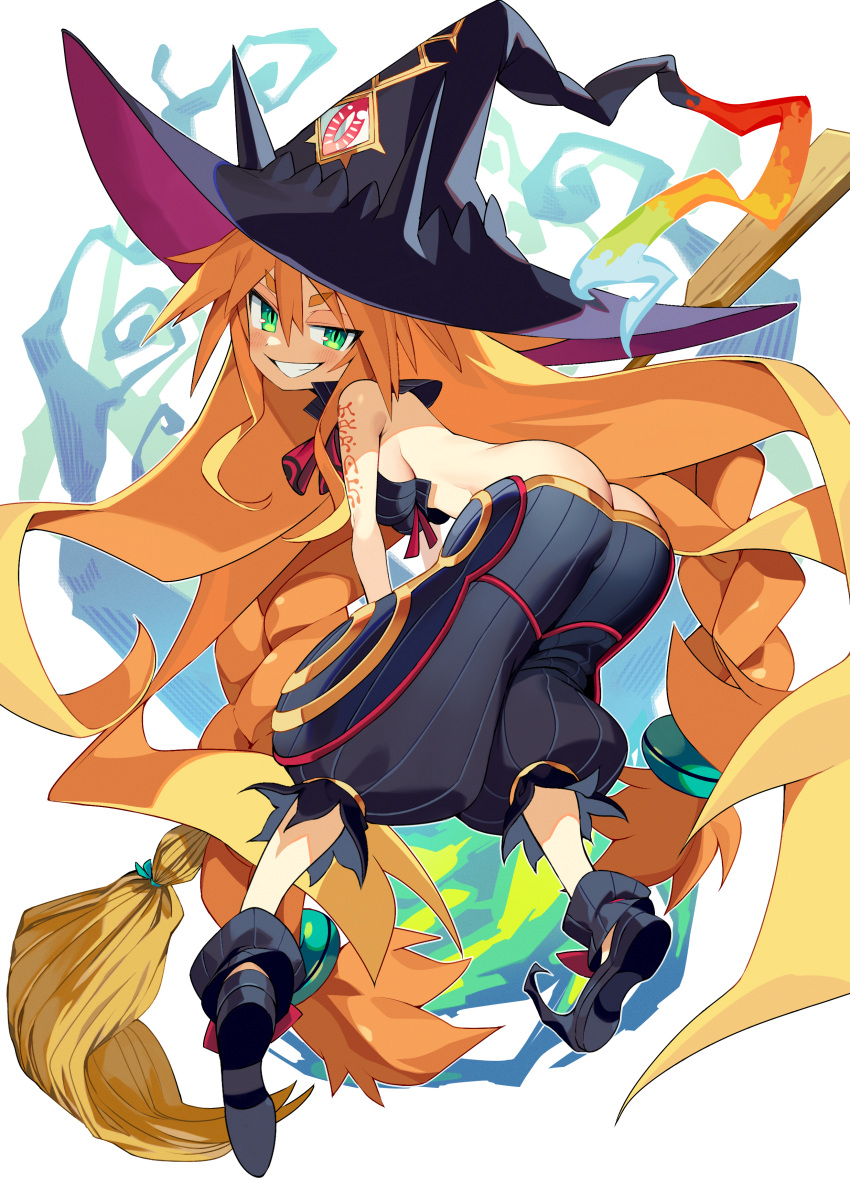&gt;:) 1girl absurdly_long_hair absurdres arm_tattoo ass blonde_hair braid breasts broom butt_crack commission green_eyes grin hat highres holding holding_broom iroyopon long_hair looking_back majo_to_hyakkihei medium_breasts metallica_(majo_to_hyakkihei) pants pixiv_commission pointy_footwear short_eyebrows sideboob slit_pupils smile solo tattoo twin_braids v-shaped_eyebrows very_long_hair witch witch_hat
