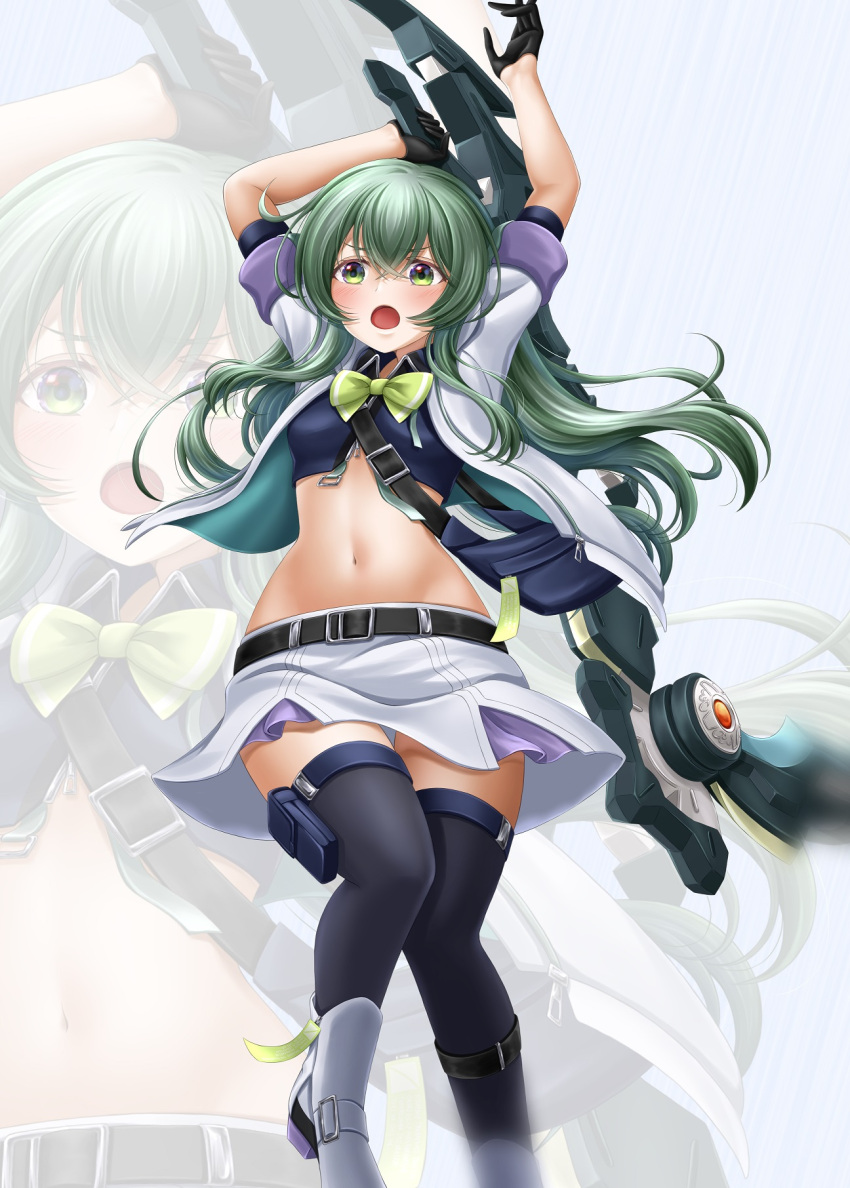 1girl arms_up assault_lily bag bangs belt black_belt black_gloves black_shirt black_thighhighs blush boots bow bowtie breasts collared_shirt commentary_request crop_top crossed_bangs feet_out_of_frame floating_hair gloves green_eyes grey_background hair_between_eyes half_gloves highres holding holding_weapon incoming_attack jacket leg_up long_hair looking_at_viewer medium_breasts midriff miniskirt motion_blur navel official_alternate_costume open_clothes open_jacket open_mouth pouch satchel shirt short_sleeves sidelocks skirt solo standing standing_on_one_leg stomach thigh_pouch thighhighs toki_kureha tsutsuo_rashin v-shaped_eyebrows wavy_hair weapon white_footwear white_jacket white_skirt yellow_bow yellow_bowtie zettai_ryouiki zipper_pull_tab zoom_layer