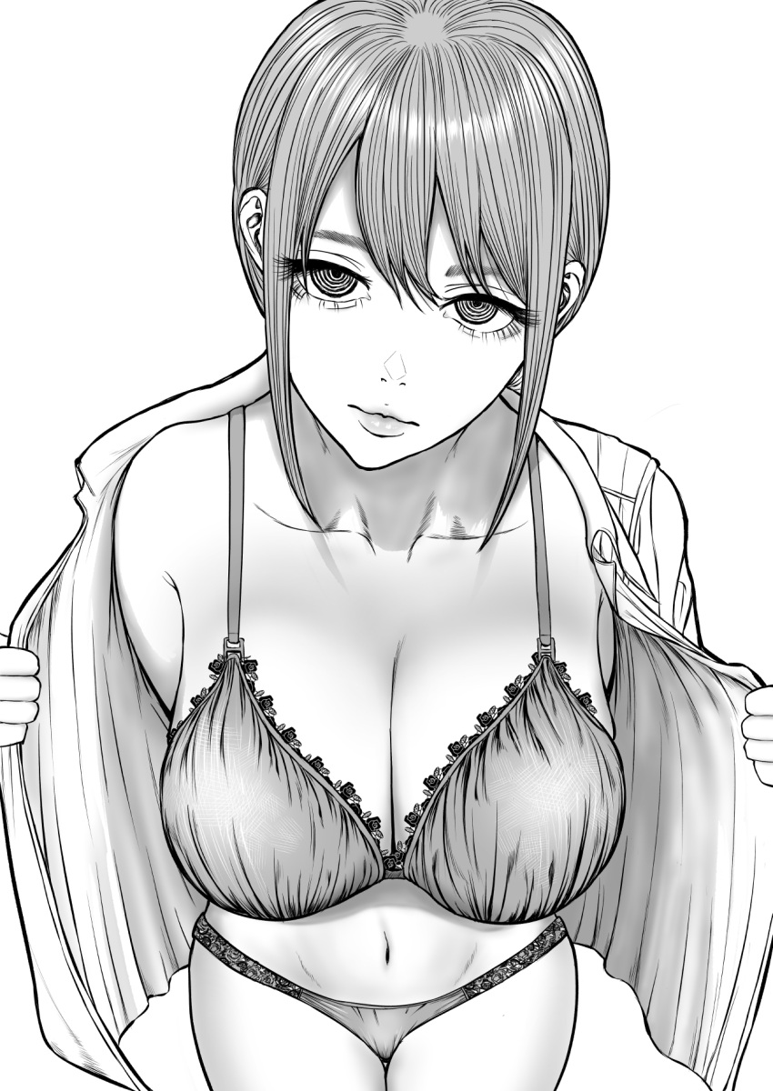 1girl bra breasts chainsaw_man cleavage closed_mouth expressionless from_above greyscale head_tilt highres huge_breasts makima_(chainsaw_man) monochrome nagi_hikaru navel nostrils open_clothes open_shirt ringed_eyes sidelocks solo underwear