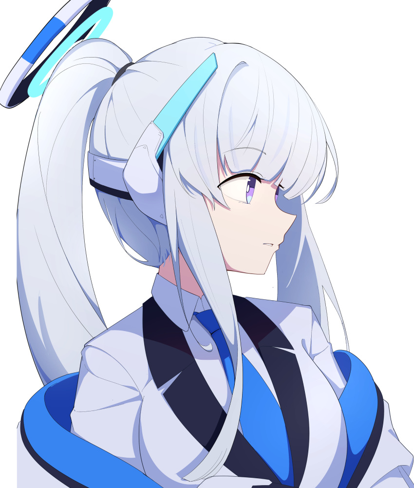 1girl absurdres alternate_hairstyle blue_archive blue_necktie grey_hair halo highres jacket looking_to_the_side mechanical_ears mechanical_halo necktie noa_(blue_archive) oil_sob ponytail purple_eyes shirt simple_background solo white_background white_jacket white_shirt