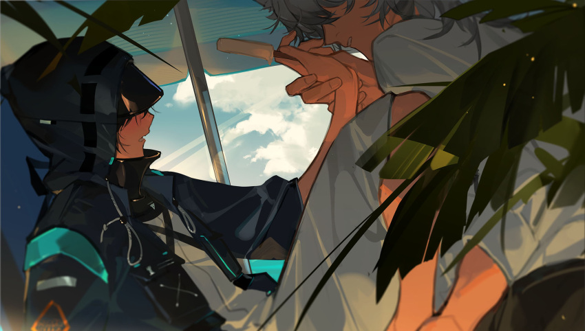2boys akai_999 arknights black_hair blue_sky blush cloud doctor_(arknights) food from_side grey_hair highres holding holding_another's_wrist holding_popsicle hood hood_up hooded_coat long_sleeves male_doctor_(arknights) male_focus medium_hair multiple_boys outdoors popsicle shirt silverash_(arknights) sky white_shirt yaoi
