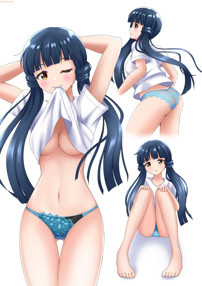 1girl absurdres arms_behind_head arms_up ass_visible_through_thighs barefoot blue_hair blue_panties blush breasts brown_eyes closed_mouth clothes_in_mouth clothes_lift commentary cropped_legs er_dinosaur hands_on_own_knees highres idolmaster idolmaster_million_live! kitakami_reika lifted_by_self long_hair looking_at_viewer low_twintails medium_breasts mouth_hold multiple_views navel no_bra no_pants one_eye_closed panties parted_lips shirt shirt_in_mouth shirt_lift short_sleeves simple_background sitting smile standing t-shirt thigh_gap twintails underwear white_background white_shirt