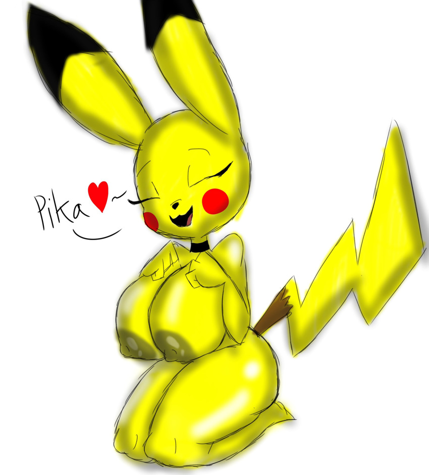 anthro big_breasts big_butt breasts butt eyes_closed fluffy fluffy_tail fur generation_1_pokemon hi_res nintendo nsfwtheodore open_mouth open_smile pikachu pokemon pokemon_(species) simple_background smile solo tail thick_thighs yellow_body yellow_fur