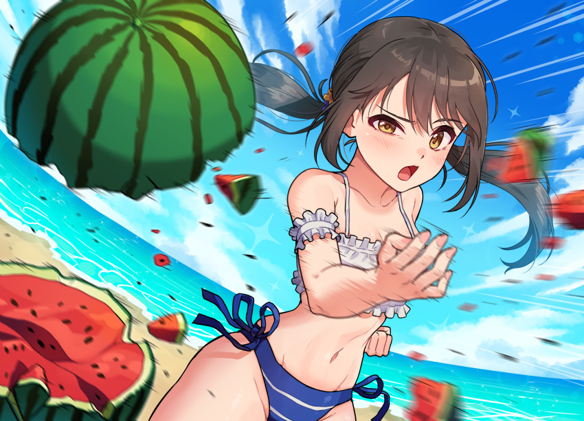 1girl beach bikini black_hair blue_bikini blue_sky breasts cleavage clenched_hand cloud collarbone commentary_request day food fruit half-closed_eye highres idolmaster idolmaster_cinderella_girls kamille_(vcx68) karate long_hair looking_ahead medium_breasts nakano_yuka navel ocean open_mouth outdoors sand sidelocks sky solo stomach suikawari swimsuit thighs toned twintails watermelon white_bikini yellow_eyes