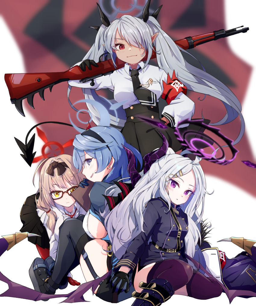 4girls ahoge ako_(blue_archive) all_fours armband back-to-back belt black_coat black_gloves black_skirt black_thighhighs blue_archive blue_eyes blue_hair bolt_action boots bow breasts brown_hair chinatsu_(blue_archive) coat coat_on_shoulders collared_shirt commentary_request dark-skinned_female dark_skin demon_girl demon_horns demon_tail demon_wings flag fur-trimmed_coat fur_trim glasses gloves grey_hair gun hair_between_eyes hair_bow hair_ornament hair_over_one_eye hair_ribbon hairband hairclip halo hand_on_own_hip high-waist_skirt highres hina_(blue_archive) holding holding_gun holding_weapon horns iori_(blue_archive) knee_boots knees_up long_bangs long_hair long_sleeves looking_at_viewer mauser_98 military_uniform mosuke1221 multiple_girls open_clothes open_coat over_shoulder pantyhose parted_bangs pencil_skirt pleated_skirt pointy_ears ponytail prefect_team_(blue_archive) purple_eyes red_eyes red_pantyhose ribbon rifle sam_browne_belt school_uniform shirt side_slit sideboob sidelocks sitting skirt standing tail thigh_strap thighhighs twintails uniform wariza wavy_hair weapon weapon_over_shoulder white_background white_hair white_shirt wings yellow_eyes