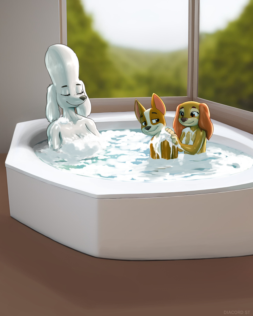 absurd_res anthro bathing_together bathtub brown_body brown_eyes brown_fur bubble_bath canid canine canis chihuahua dachshund delores_(paw_patrol) diacordst domestic_dog eyes_closed female fur group hands_on_shoulders hi_res hunting_dog inside liberty_(paw_patrol) looking_at_another looking_back looking_back_at_another male mammal nude poodle tan_body tan_fur toy_dog tracker_(paw_patrol) trio water white_body white_fur window