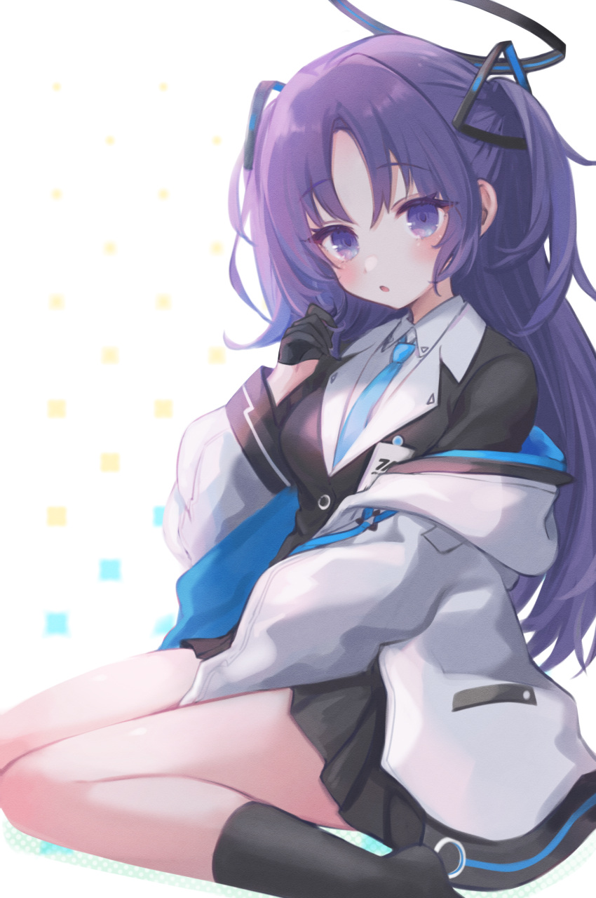 1girl 27vel absurdres aqua_necktie black_gloves black_skirt black_socks blue_archive blush breasts gloves halo highres jacket jacket_partially_removed kneeling long_hair looking_at_viewer medium_breasts multicolored_clothes multicolored_jacket necktie open_clothes open_jacket purple_eyes purple_hair sitting skirt socks solo two-tone_jacket two_side_up very_long_hair wariza yuuka_(blue_archive)