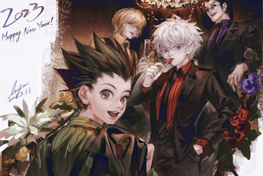 4boys belt black_hair black_jacket black_pants blonde_hair candy champagne_flute chandelier collared_shirt cup dated drinking_glass flower food formal gon_freecss hand_in_pocket happy_new_year highres holding holding_candy holding_cup holding_food holding_lollipop hunter_x_hunter jacket jacket_on_shoulders killua_zoldyck kurapika leorio_paladiknight lollipop looking_at_viewer looking_back louyan_0405 male_focus multiple_boys necktie open_mouth pants purple_eyes round_eyewear shirt short_hair signature smile spiked_hair standing striped striped_shirt suit sunglasses suspenders upper_body vertical-striped_shirt vertical_stripes white_hair