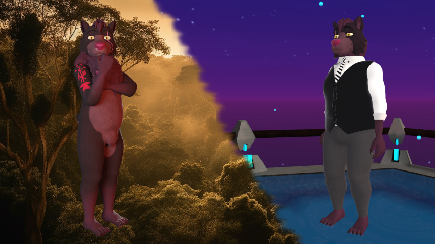 3d_(artwork) 3d_modeling anthro arm_tattoo avatars barefoot bear bottomwear clothing digital_media_(artwork) dress_shirt feet forest forest_background front_view hi_res invalid_tag mammal model nature nature_background necktie pants paws plant safe_nudity shirt side_view tail tattoo topwear tree vrchat vrchat_model xca zgf_art