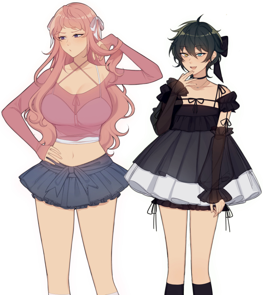 2girls absurdres black_choker black_dress black_hair black_socks blue_eyes bra breasts choker cleavage crop_top dress ensemble_stars! genderswap genderswap_(mtf) grey_skirt heterochromia highres itsuki_shu kagehira_mika long_hair lummy_yummy multiple_girls pink_hair pink_shirt purple_eyes shirt short_bangs short_hair skirt socks underwear wavy_hair white_background white_bra yellow_eyes