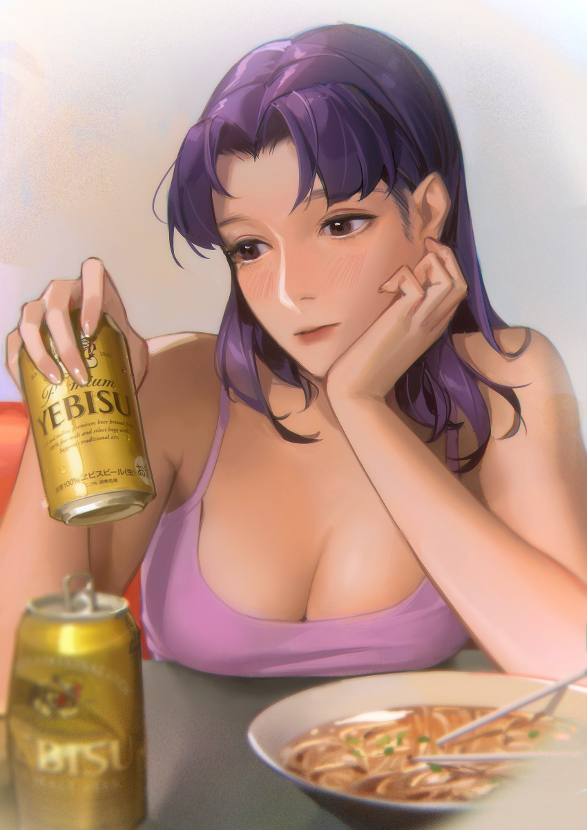 1girl absurdres alcohol bare_arms bare_shoulders beer beer_can blurry blush breast_press breasts brown_eyes can cleavage closed_mouth couch crop_top depth_of_field eyelashes food head_rest highres holding holding_can katsuragi_misato large_breasts limart looking_at_object medium_hair neon_genesis_evangelion noodles purple_hair purple_tank_top ramen sitting sleeveless solo spaghetti_strap tank_top upper_body yebisu