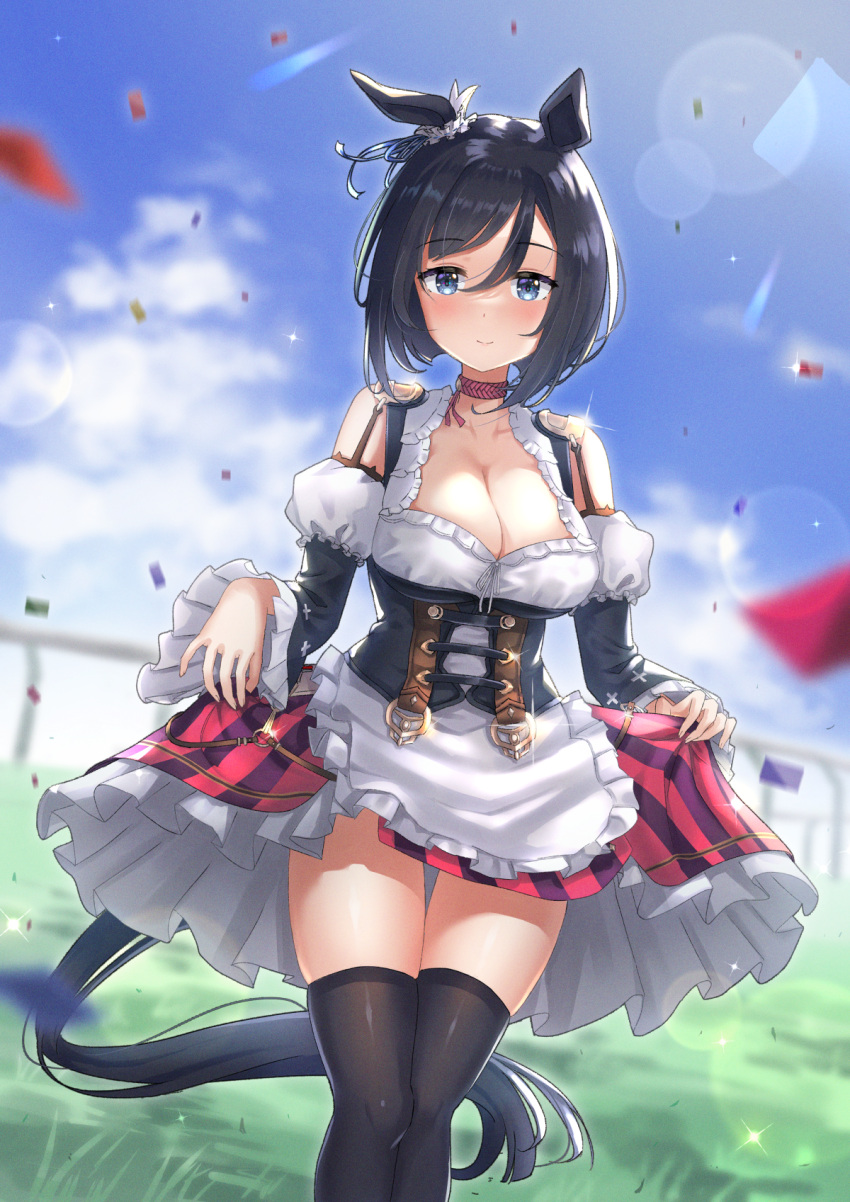 1girl animal_ears black_hair black_sleeves black_thighhighs blouse blue_eyes blush bob_cut breasts choker cleavage closed_mouth clothes_lift collarbone commentary_request cowboy_shot cstv curtsey detached_sleeves dirndl ear_scrunchie eishin_flash_(umamusume) german_clothes hair_between_eyes highres horse_ears horse_girl horse_tail looking_at_viewer medium_breasts outdoors red_choker red_skirt scrunchie shirt short_hair skindentation skirt skirt_hold skirt_lift smile solo striped striped_shirt tail thighhighs umamusume vertical-striped_shirt vertical_stripes white_scrunchie white_shirt