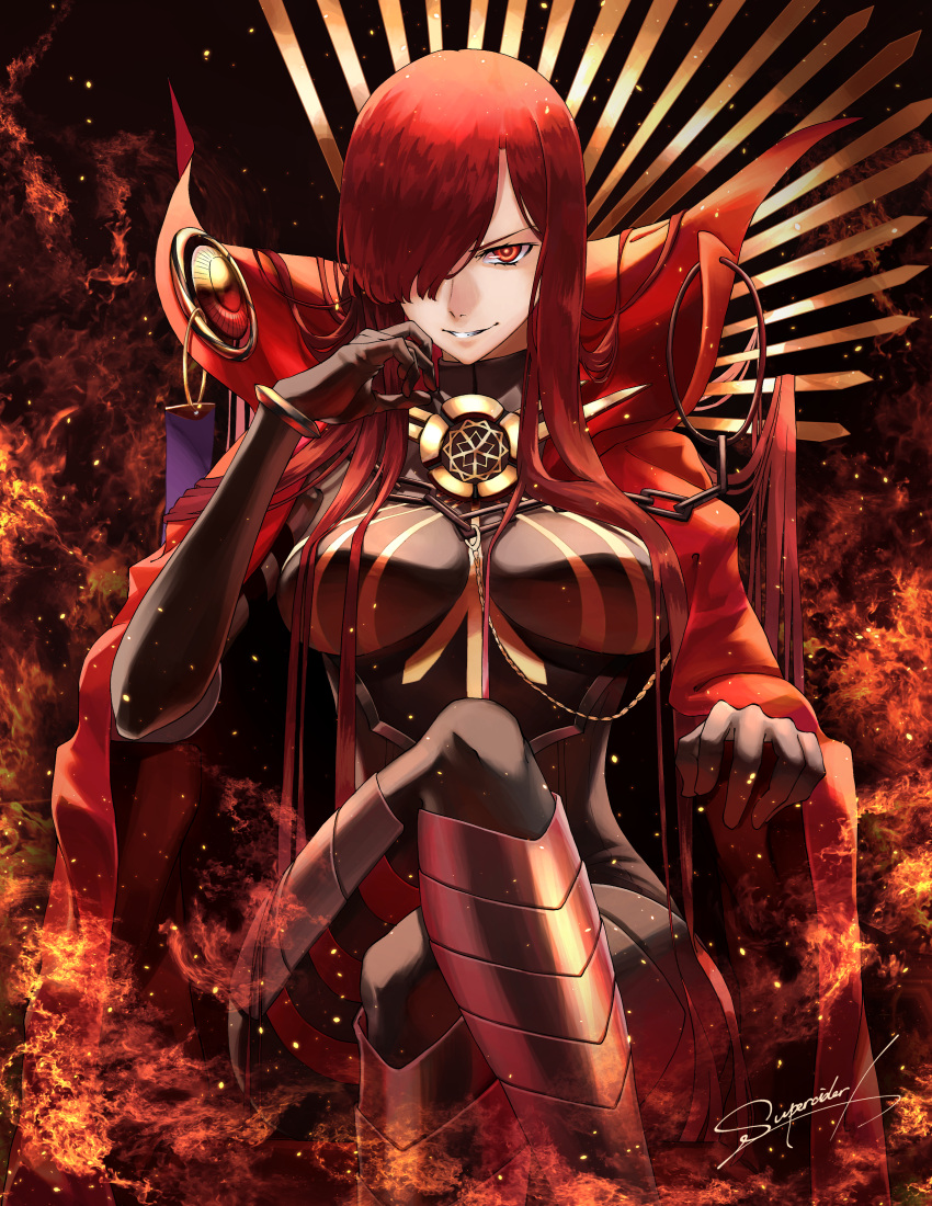 1girl absurdres akiwashi armchair armored_boots black_background black_bodysuit bodysuit boots bracelet breasts cape chain chair collared_cape crossed_legs family_crest fate/grand_order fate_(series) fire flame grin hair_flowing_over hair_over_one_eye hand_on_own_face high_collar highres jewelry long_hair looking_at_viewer oda_nobunaga_(fate) oda_nobunaga_(maou_avenger)_(fate) oda_uri one_eye_covered open_mouth popped_collar red_cape red_eyes red_hair sitting skin_tight smile solo teeth thighs