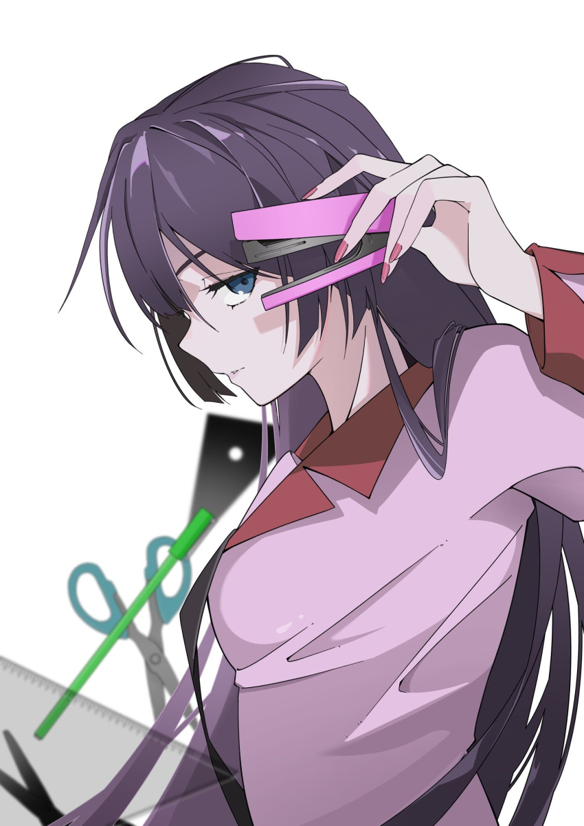 1girl arril100 bakemonogatari black_necktie blue_eyes blurry blurry_background breasts collared_shirt commentary depth_of_field from_side hand_up highres holding impossible_clothes impossible_shirt long_hair long_sleeves looking_at_viewer medium_breasts monogatari_(series) naoetsu_high_school_uniform necktie parted_lips pink_shirt purple_hair school_uniform scissors senjougahara_hitagi shadow shirt simple_background solo stapler stationery upper_body very_long_hair white_background