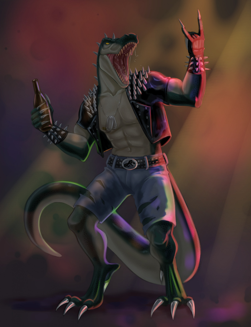 abs alcohol anthro beer beer_glass beverage claws clothing dinosaur hi_res jacket leather leather_clothing leather_jacket leather_topwear male pecs reptile rocco_(tallion) scalie solo spikes spikes_(anatomy) theropod topwear tyrannosaurid tyrannosaurus tyrannosaurus_rex vassylier
