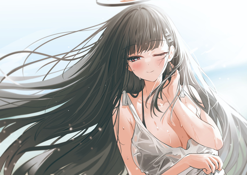 1girl ;) absurdres alternate_costume bikini bikini_under_clothes black_bikini black_hair blue_archive blush breasts cleavage collarbone floating_hair halo highres huge_breasts long_hair one_eye_closed outdoors rio_(blue_archive) smile solo straight_hair sunlight swimsuit upper_body very_long_hair water_drop wet wet_clothes yuki_(asayuki101)
