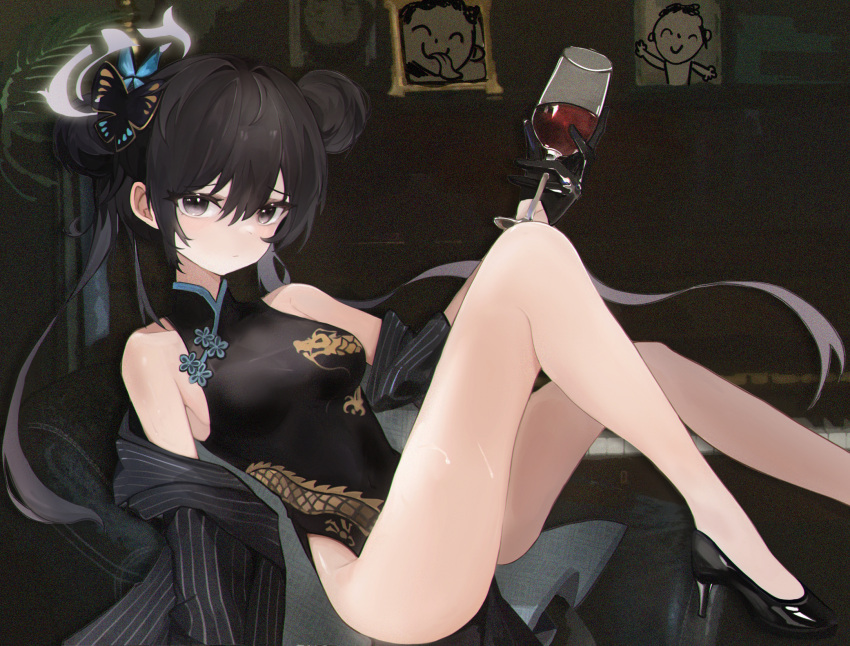 1girl black_dress black_gloves black_hair blue_archive breasts butterfly_hair_ornament china_dress chinese_clothes coat commentary cup double_bun dragon_print dress drinking_glass gloves grey_eyes hair_bun hair_ornament halo highres kisaki_(blue_archive) long_hair looking_at_viewer print_dress quanquan sleeveless sleeveless_dress small_breasts solo striped striped_coat thighs twintails vertical-striped_coat wine_glass