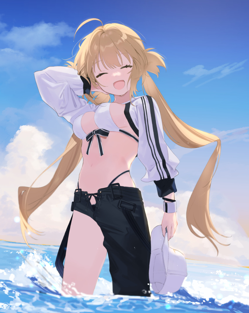 1girl ahoge artoria_caster_(fate) artoria_caster_(swimsuit)_(fate) artoria_pendragon_(fate) asymmetrical_clothes baseball_cap bikini black_pants blonde_hair blue_sky blush breasts cleavage closed_eyes cropped_jacket fate/grand_order fate_(series) hat hat_removed headwear_removed highres jacket long_hair long_sleeves medium_breasts navel ocean open_mouth pants rizu033 shrug_(clothing) single_pantsleg sky smile solo swimsuit thighs twintails wading white_bikini white_headwear white_jacket