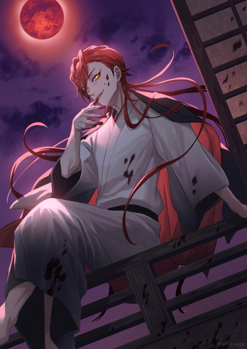 1boy :p akizuno arm_support barefoot black_cape blood blood_on_clothes blood_on_face blood_on_hands blood_splatter cape cloud feet_out_of_frame glowing glowing_eyes hair_behind_ear hand_up highres japanese_clothes kimono licking licking_finger light_particles long_hair long_sleeves looking_at_viewer male_focus moon night original purple_sky red_eyeliner red_hair red_moon shouji sitting sitting_on_railing sky sliding_doors solo swept_bangs tongue tongue_out white_kimono yellow_eyes