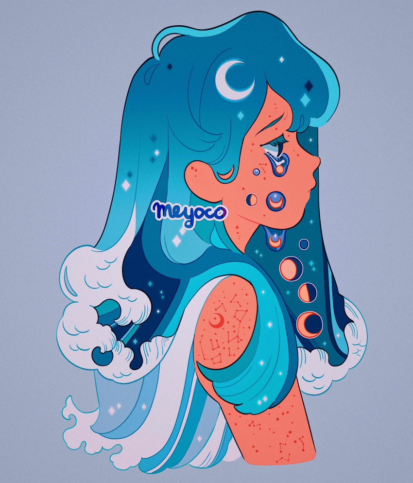 1girl absurdres artist_name blue_hair constellation crescent_moon cropped_torso crying crying_with_eyes_open full_moon gibbous_moon grey_background half_moon highres liquid liquid_hair long_hair meyoco moon moon_phases original profile simple_background solo sparkle star_(sky) tears upper_body